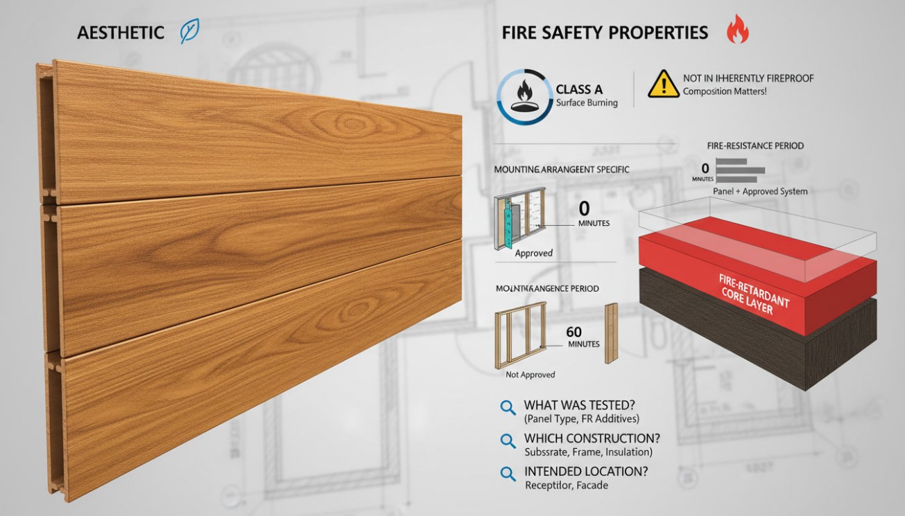 Wood-grain WPC wall panel beside diagrams of fire classifications, mounting conditions and layered construction.